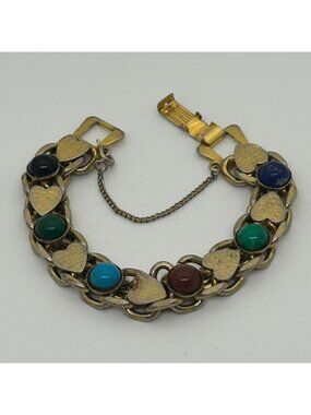Multi Color Faux Stone Cabochon Heart Link Gold Tone Panel Chain Bracelet Vintag